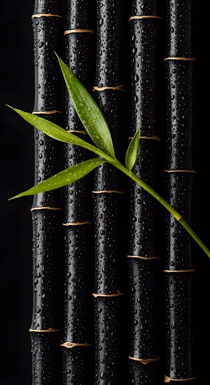 Lush Green Bamboo Sprig on Wet Black Canes - Free Mobile AMOLED Wallpaper Background