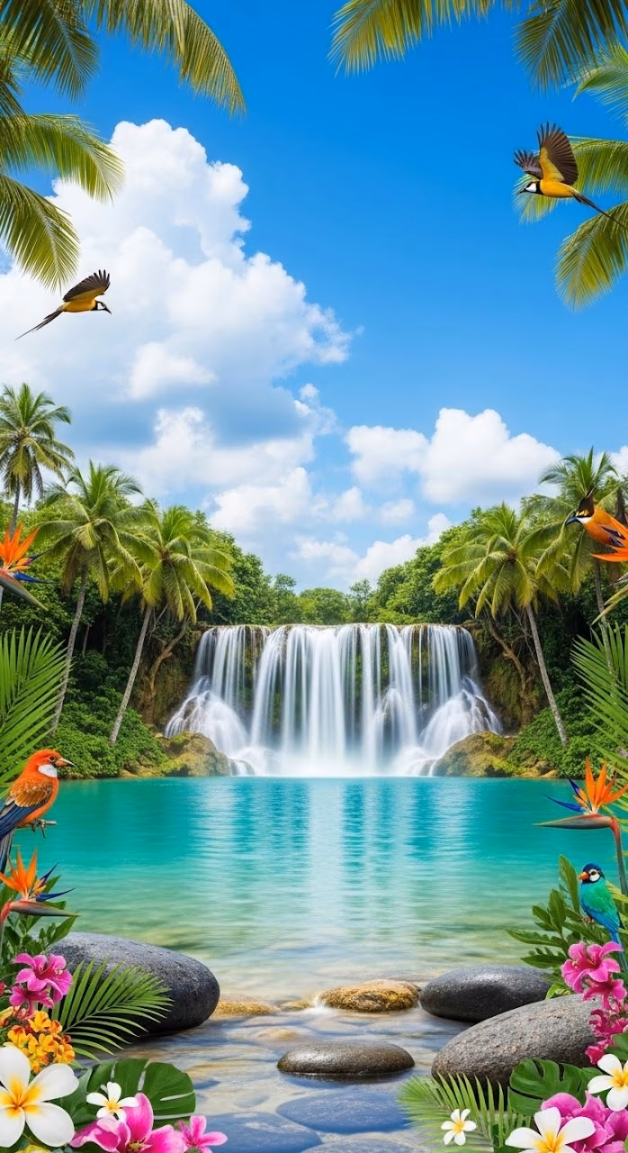 Lush Jungle Waterfall and Crystal Lagoon - Free Mobile AMOLED Wallpaper Background