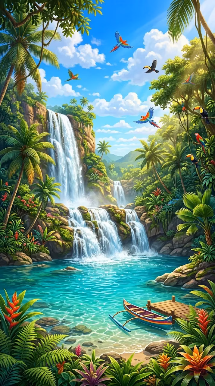 Lush Tropical Jungle with Waterfall and Exotic Birds - Free Mobile AMOLED Wallpaper Background