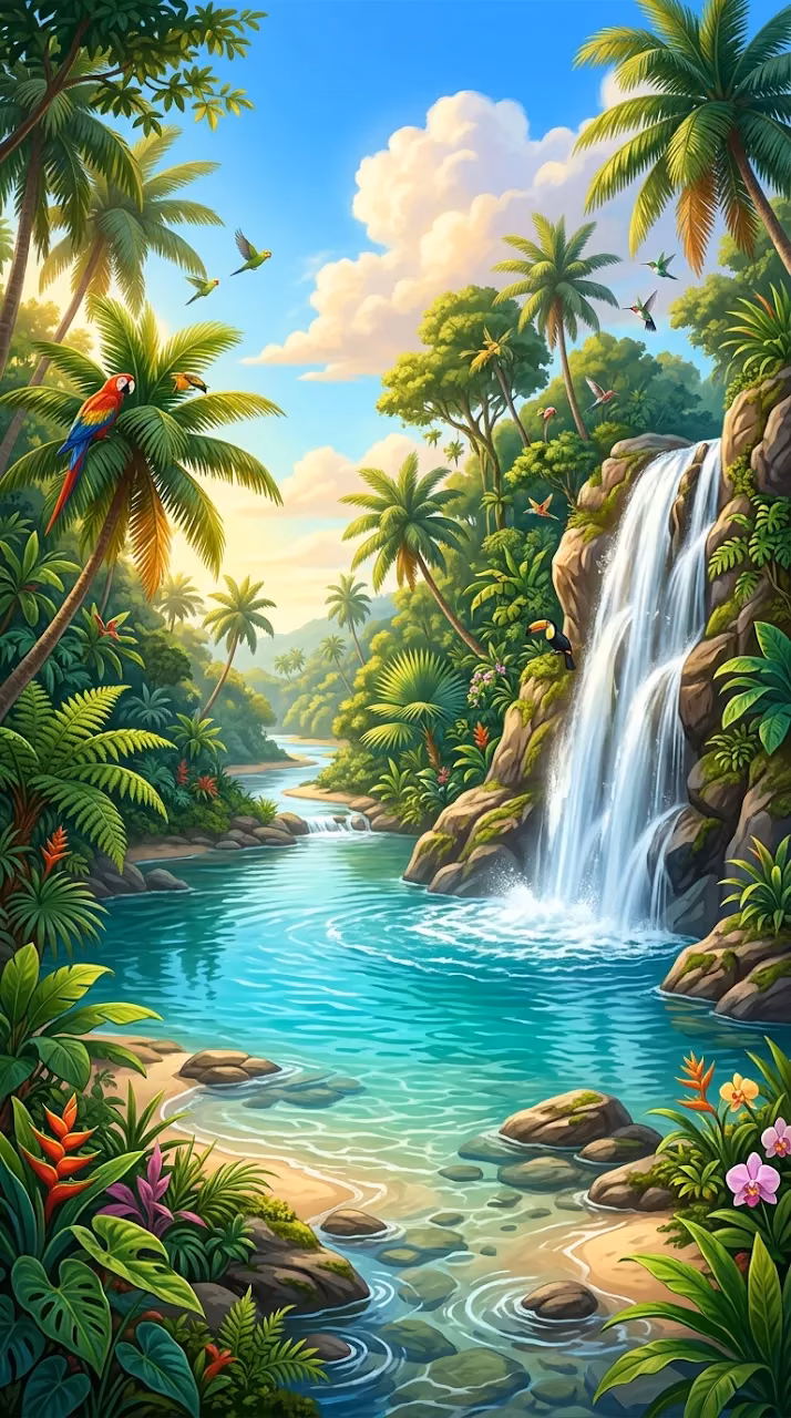 Download Lush Tropical Paradise with Cascading Waterfall and Crystal Lagoon Wallpaper in Mobile HD Lush Tropical Paradise with Cascading Waterfall and Crystal Lagoon - Free Mobile AMOLED Wallpaper Background