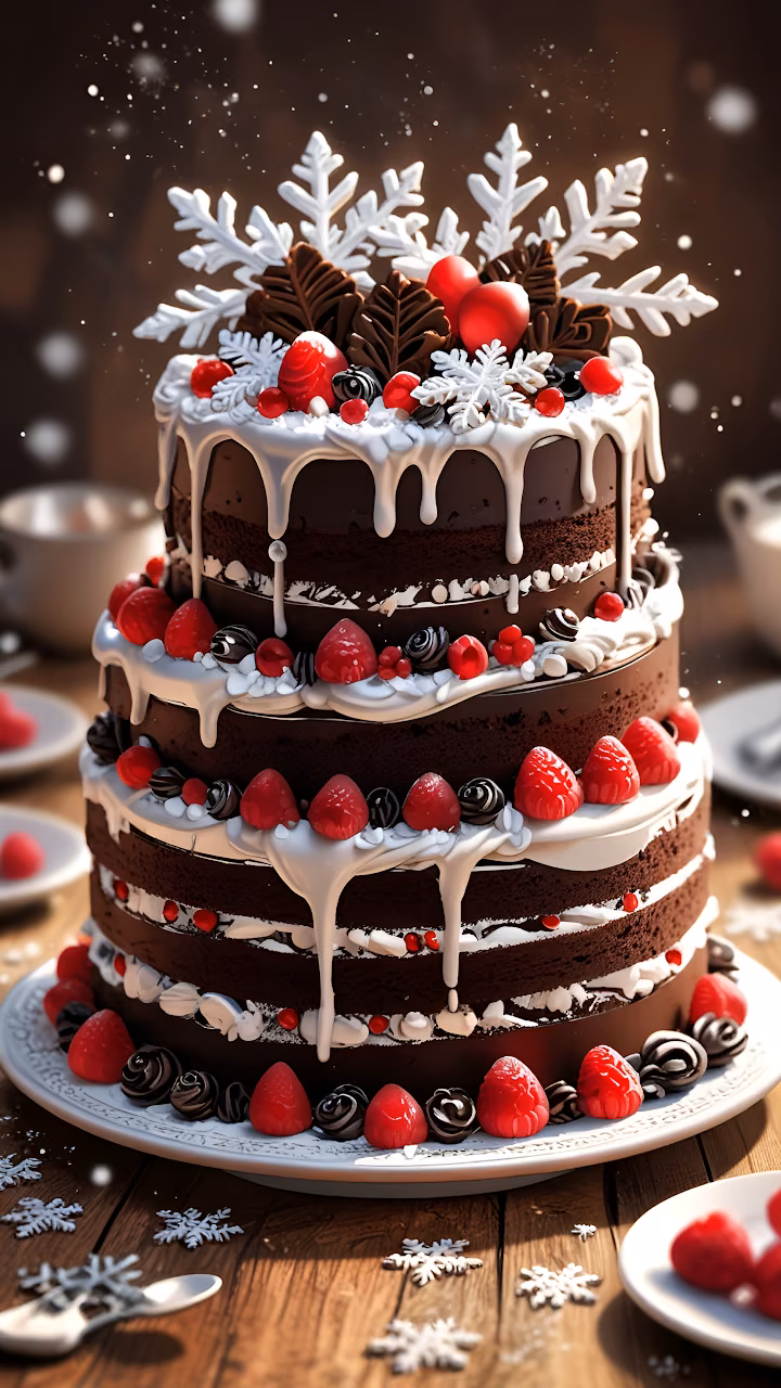 Download Luxurious Chocolate Cake with Raspberries and Snowflakes Wallpaper in Mobile HD Luxurious Chocolate Cake with Raspberries and Snowflakes - Free Mobile AMOLED Wallpaper Background