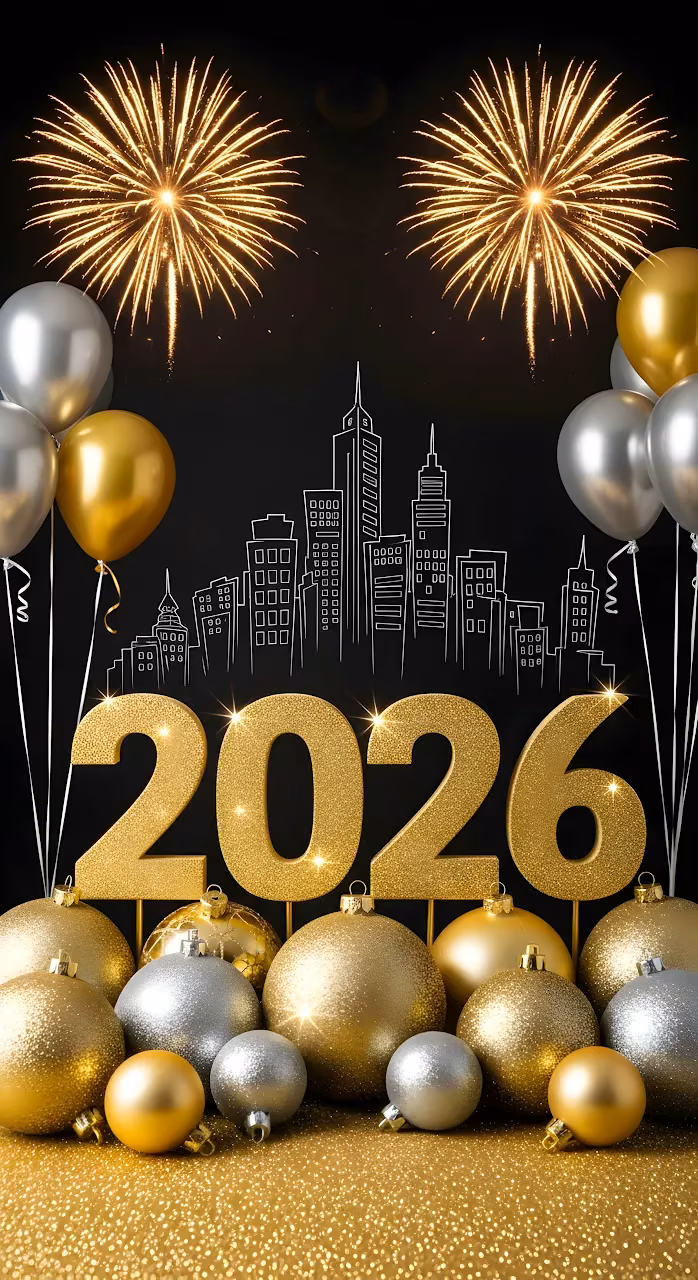 Luxurious Gold Silver 2026 Celebration with Ornaments and Fireworks - Free Mobile AMOLED Wallpaper Background