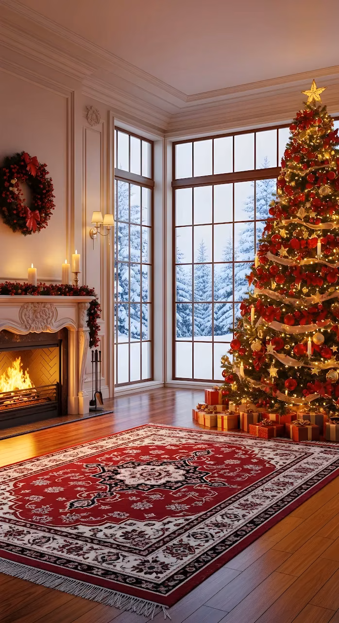 Luxury Christmas Living Room with Fireplace and Snowy View - Free Mobile AMOLED Wallpaper Background