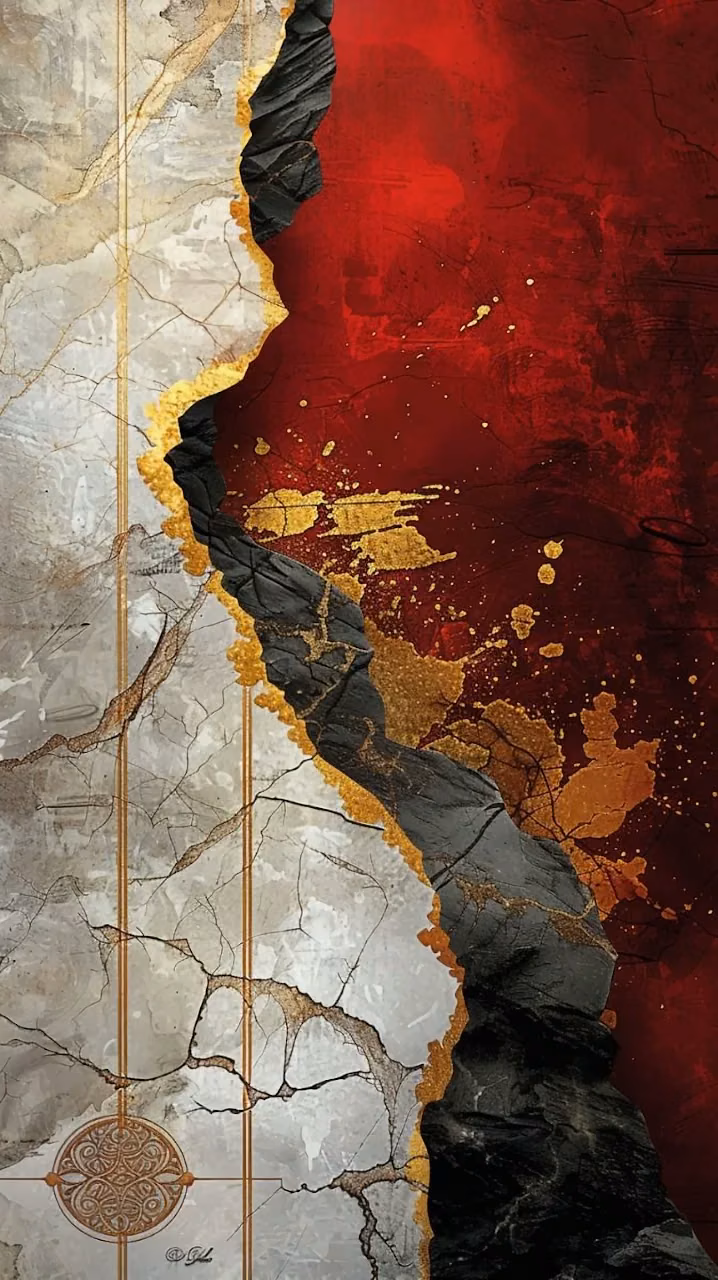 Luxury Kintsugi Art: Black Fissure in Cracked Marble and Red - Free Mobile AMOLED Wallpaper Background