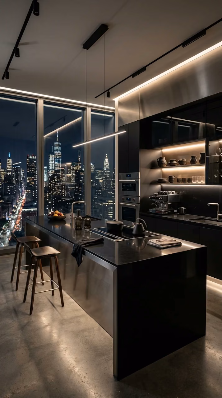Download Luxury Penthouse Kitchen Midnight City View Wallpaper Wallpaper in Mobile HD Luxury Penthouse Kitchen Midnight City View Wallpaper - Free Mobile AMOLED Wallpaper Background