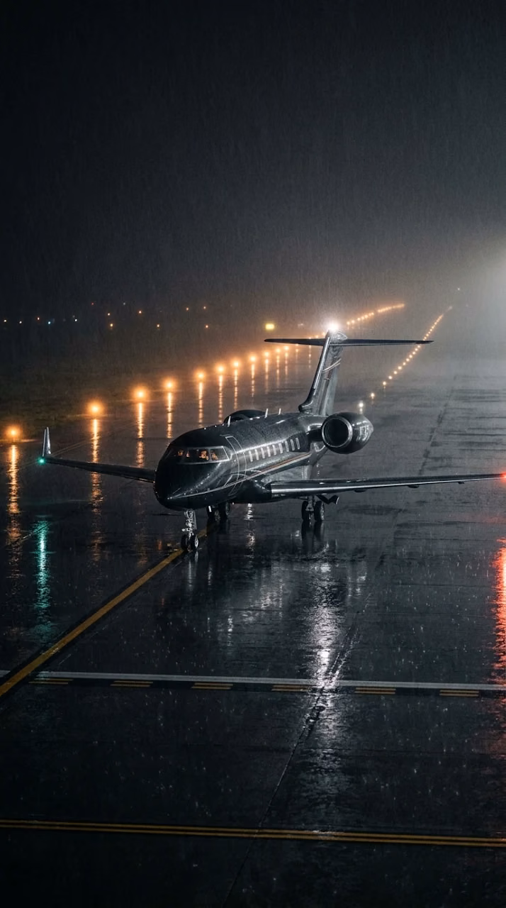 Luxury Private Jet on Rainy Runway Night Wallpaper - Free Mobile AMOLED Wallpaper Background