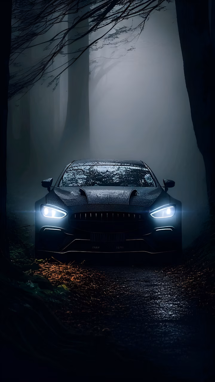 Luxury Sports Car Headlights in Dark Misty Forest Road - Free Mobile AMOLED Wallpaper Background
