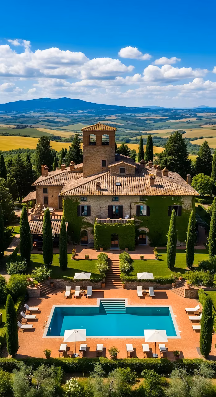 Download Luxury Tuscan Villa with Pool and Cypress Trees on Sunny Day Wallpaper in Mobile HD Luxury Tuscan Villa with Pool and Cypress Trees on Sunny Day - Free Mobile AMOLED Wallpaper Background