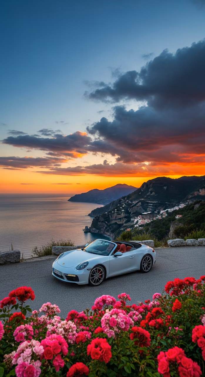Luxury White Convertible Sports Car Parked on Cliff Road at Sunset Over Ocean - Free Mobile AMOLED Wallpaper Background