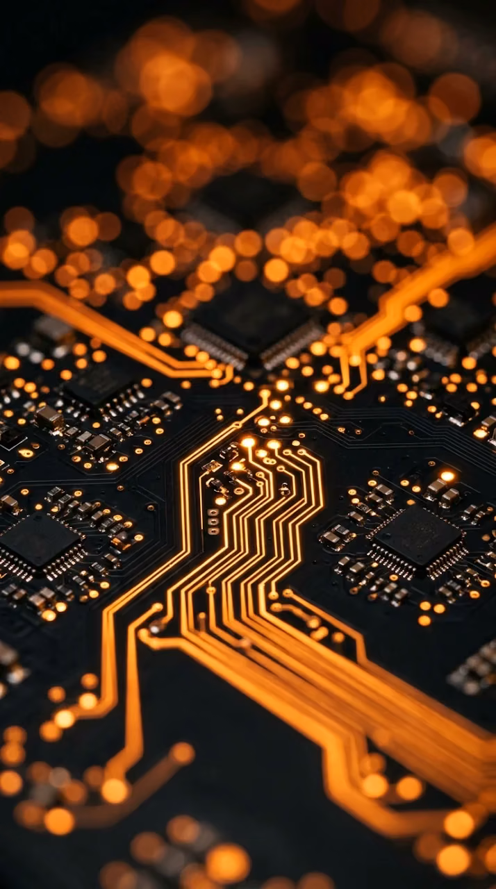Macro Circuit Board with Glowing Orange Nodes - Free Mobile AMOLED Wallpaper Background