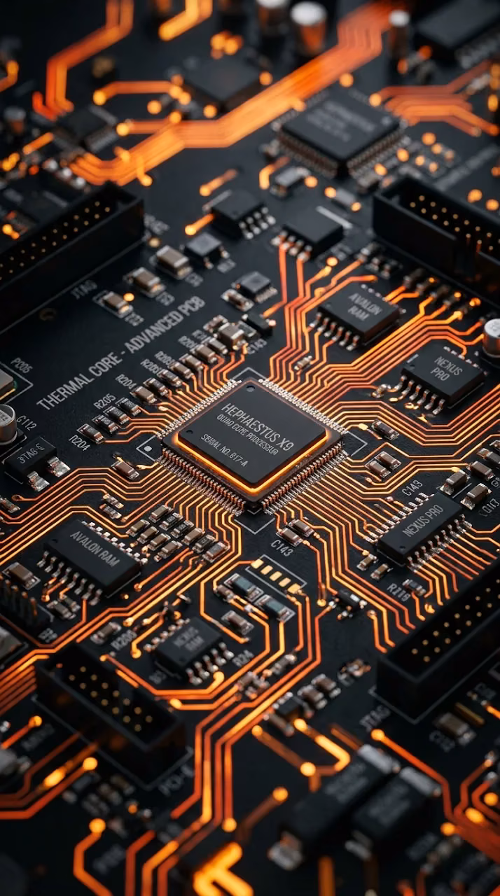 Macro Circuit Board with Glowing Orange Energy Pathways - Free Mobile AMOLED Wallpaper Background