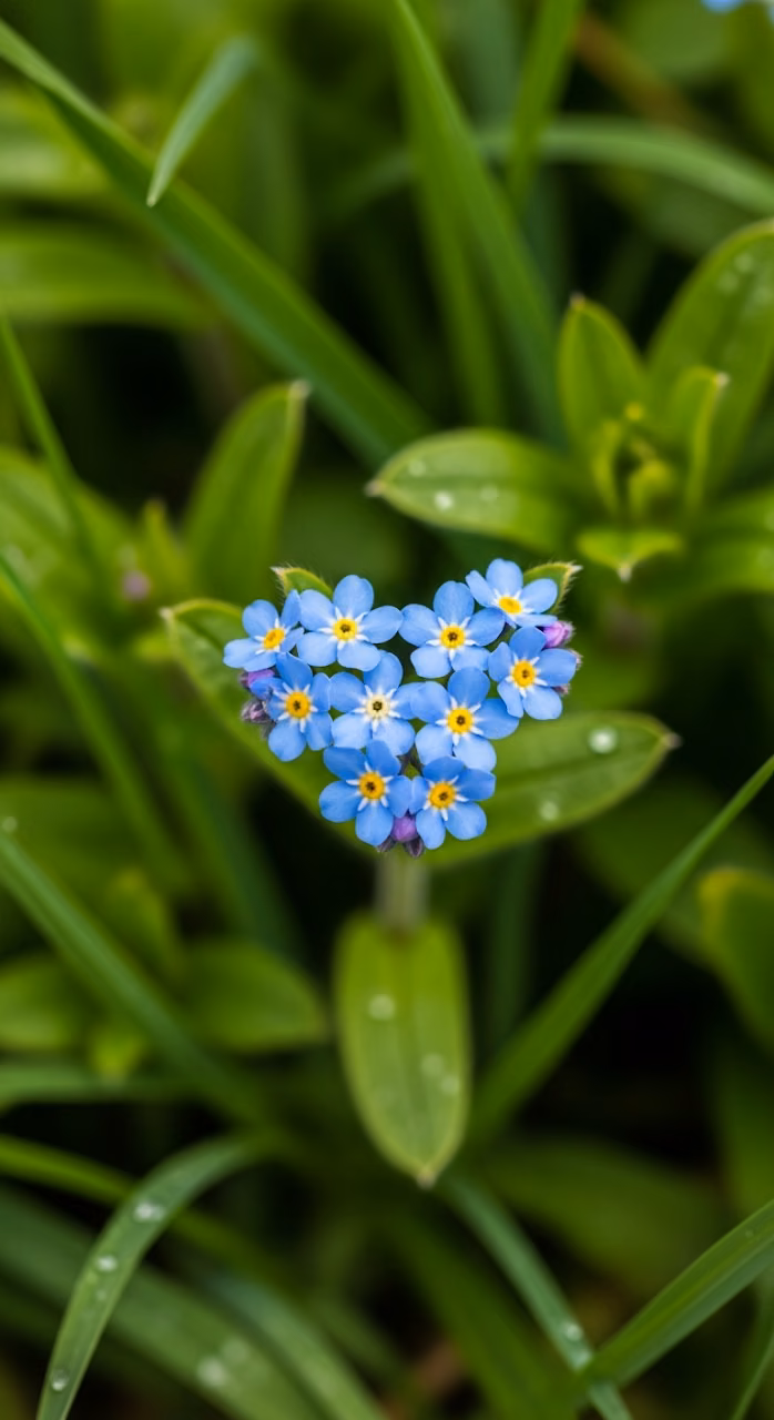 Download Macro Close-up of Blue Forget-Me-Not Flowers Forming a Heart Shape in Lush Green Foliage Wallpaper in Mobile HD Macro Close-up of Blue Forget-Me-Not Flowers Forming a Heart Shape in Lush Green Foliage - Free Mobile AMOLED Wallpaper Background