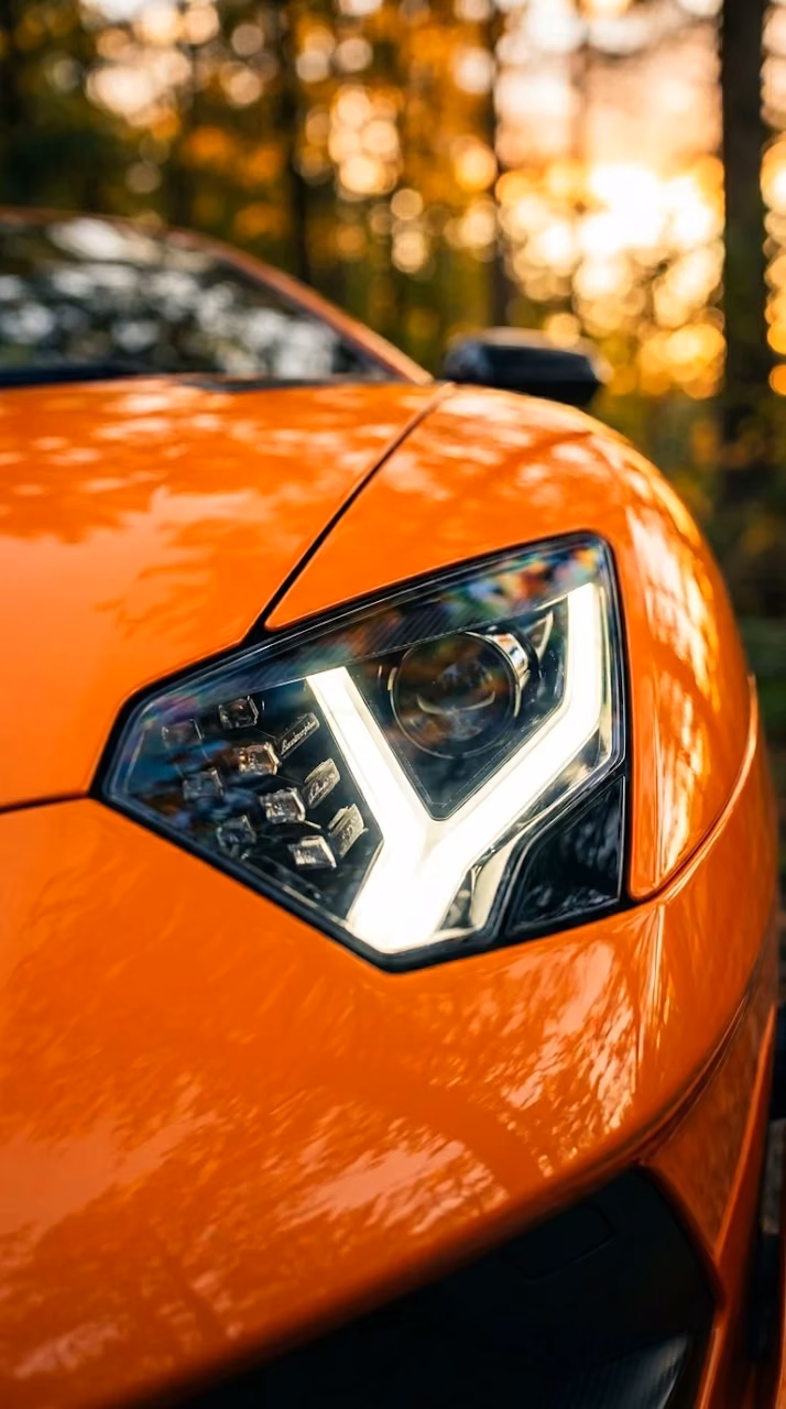 Download Macro Close-up of an Orange Supercar Headlight with Sunset Reflections Wallpaper in Mobile HD Macro Close-up of an Orange Supercar Headlight with Sunset Reflections - Free Mobile AMOLED Wallpaper Background