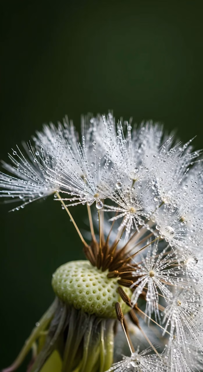 Macro Dandelion Seed Head Covered in Morning Dew Drops - Free Mobile AMOLED Wallpaper Background