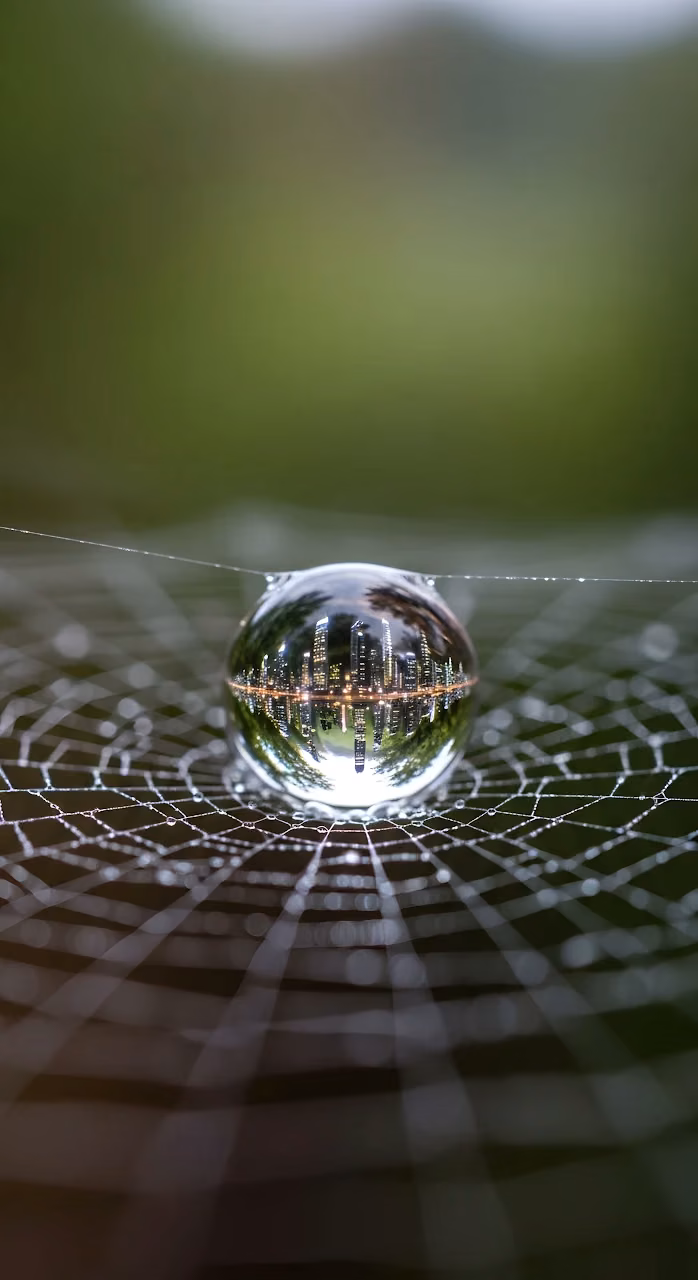 Macro Dewdrop Reflecting Illuminated City Skyline - Free Mobile AMOLED Wallpaper Background