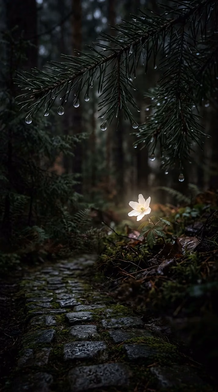 Download Macro Photo of a Lone White Flower Under Dark Foliage with Raindrops Wallpaper in Mobile HD Macro Photo of a Lone White Flower Under Dark Foliage with Raindrops - Free Mobile AMOLED Wallpaper Background
