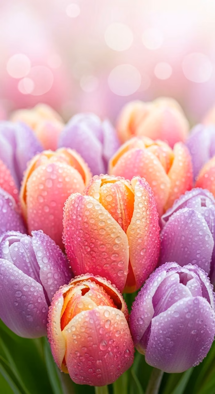 Download Macro Photograph of Pastel Tulips Covered in Glistening Water Droplets Wallpaper in Mobile HD Macro Photograph of Pastel Tulips Covered in Glistening Water Droplets - Free Mobile AMOLED Wallpaper Background