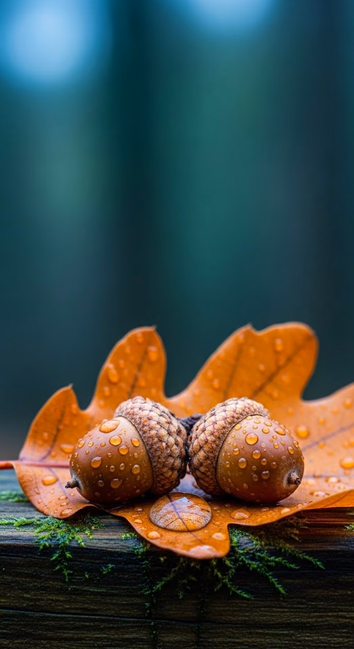 Macro Photography of Acorns and Oak Leaf with Water Droplets - Free Mobile AMOLED Wallpaper Background