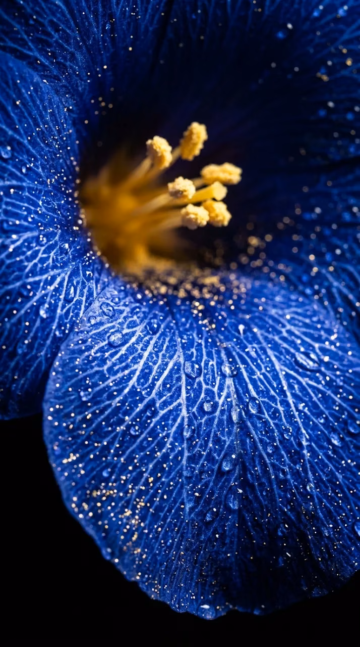 Download Macro Photography of a Blue Flower with Water Droplets and Gold Speckles Wallpaper in Mobile HD Macro Photography of a Blue Flower with Water Droplets and Gold Speckles - Free Mobile AMOLED Wallpaper Background