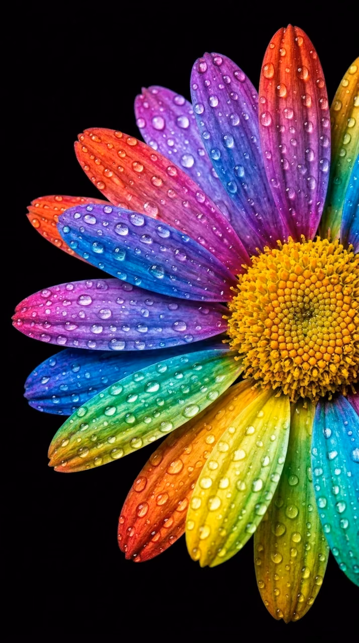 Macro Photography of a Rainbow-Petaled Daisy with Crystal Water Droplets - Free Mobile AMOLED Wallpaper Background