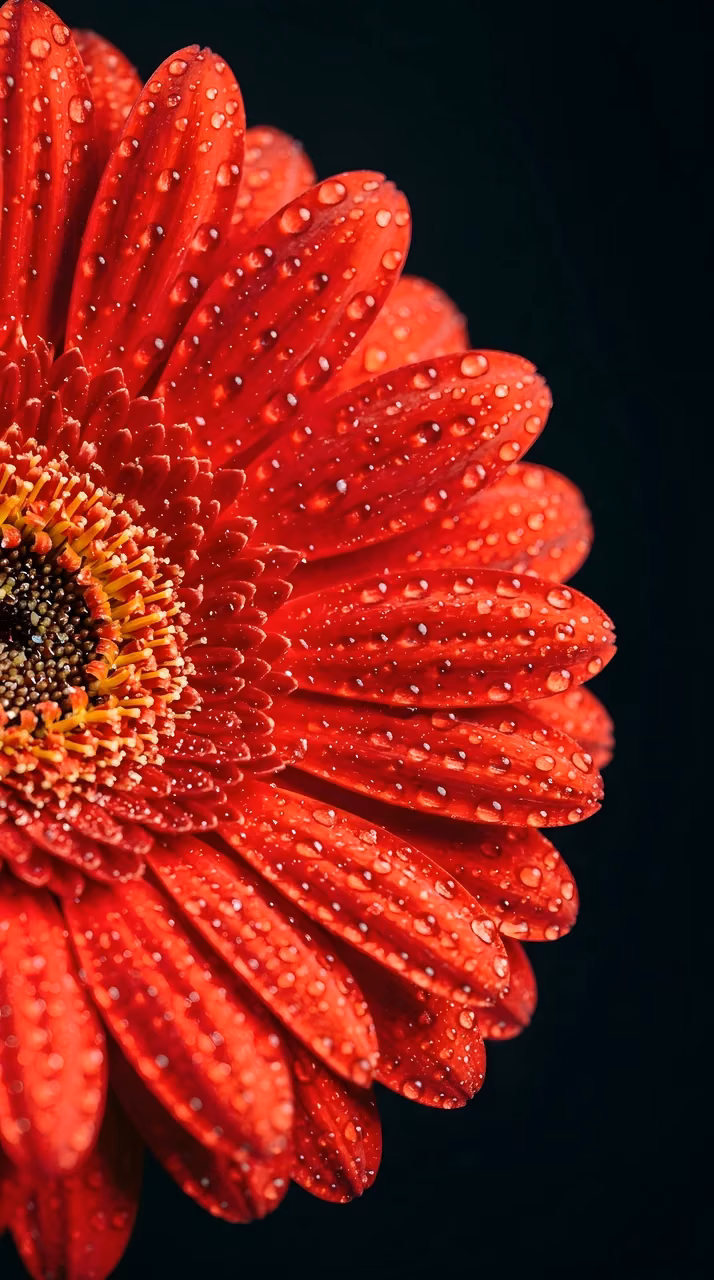 Download Macro Photography of a Vibrant Red Gerbera Daisy with Water Droplets Wallpaper in Mobile HD Macro Photography of a Vibrant Red Gerbera Daisy with Water Droplets - Free Mobile AMOLED Wallpaper Background