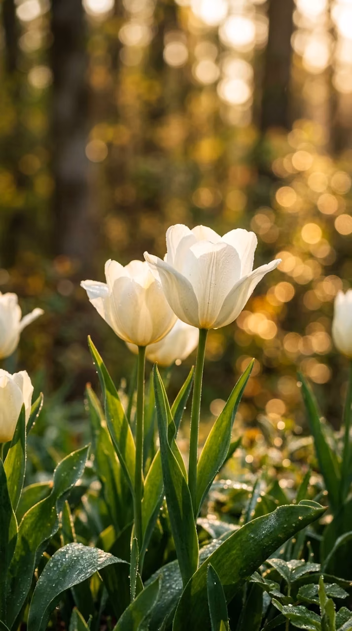 Macro Photography of White Tulips in a Sunlit Spring Garden - Free Mobile AMOLED Wallpaper Background