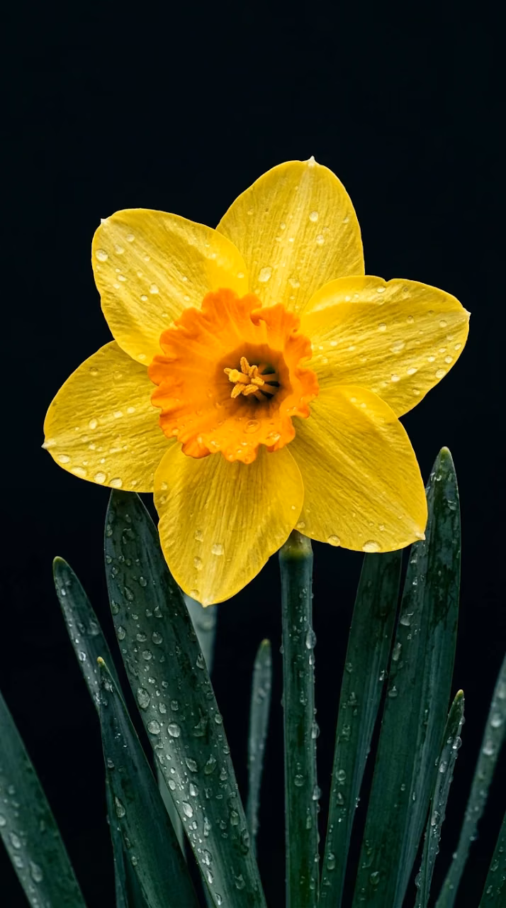 Download Macro Photography of a Yellow Daffodil with Raindrops on Dark Leaves Wallpaper in Mobile HD Macro Photography of a Yellow Daffodil with Raindrops on Dark Leaves - Free Mobile AMOLED Wallpaper Background