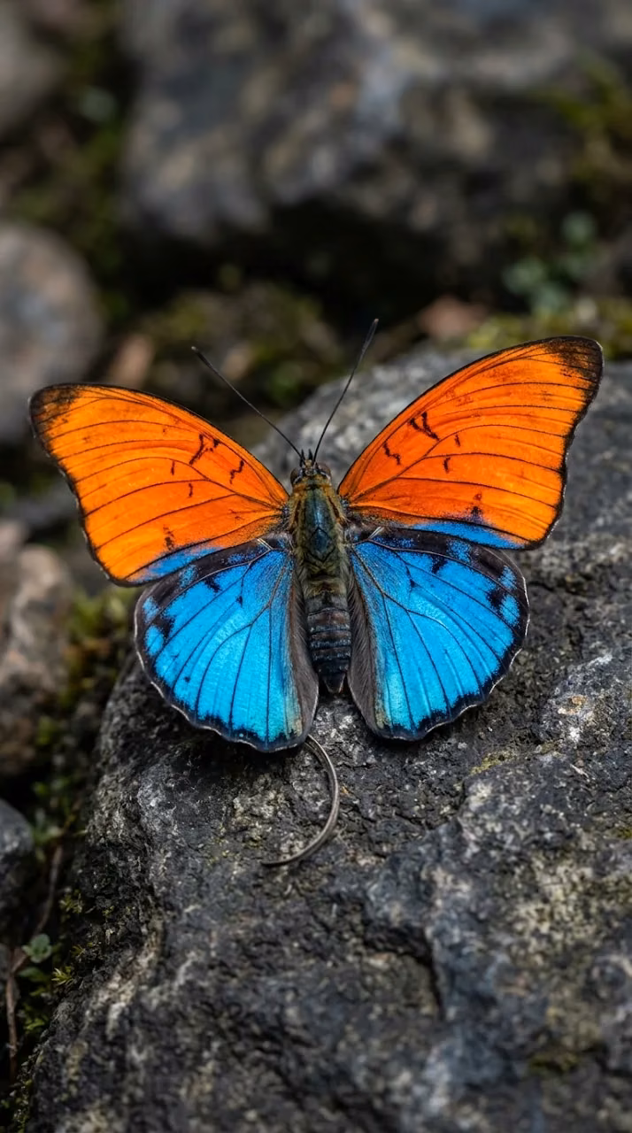 Macro Portrait of a Vibrant Blue and Orange Butterfly - Free Mobile AMOLED Wallpaper Background