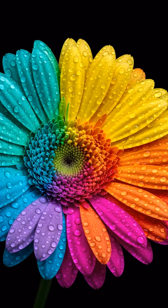 Macro Rainbow Flower with Water Droplets on Petals - Free Mobile AMOLED Wallpaper Background