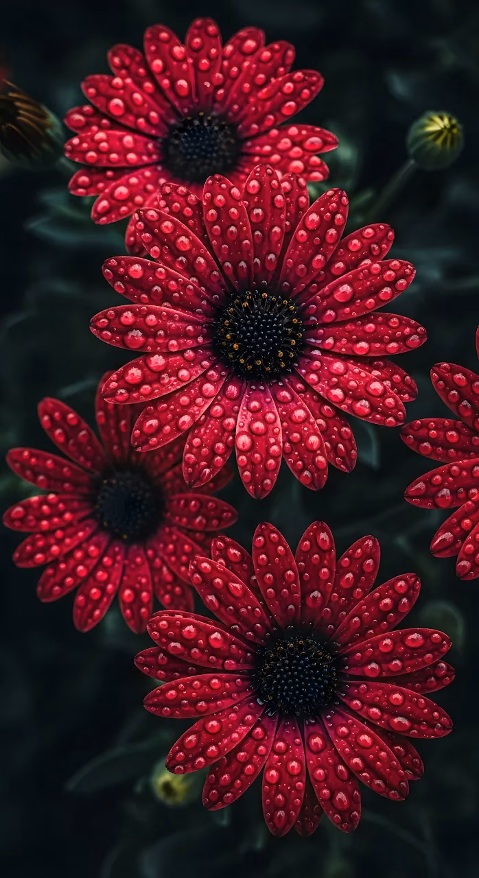 Macro Red Daisy Flowers Covered in Sparkling Water Droplets - Free Mobile AMOLED Wallpaper Background