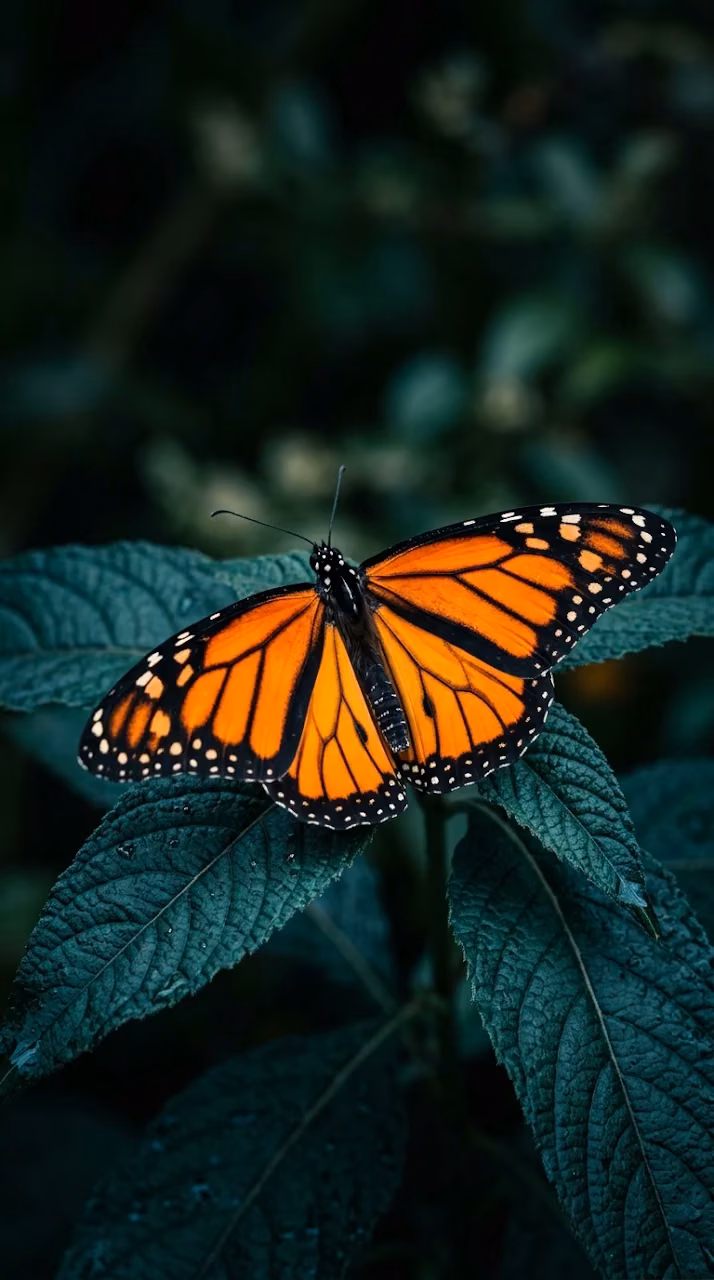 Download Macro Shot of an Orange Monarch Butterfly on Deep Blue Leaves Wallpaper in Mobile HD Macro Shot of an Orange Monarch Butterfly on Deep Blue Leaves - Free Mobile AMOLED Wallpaper Background