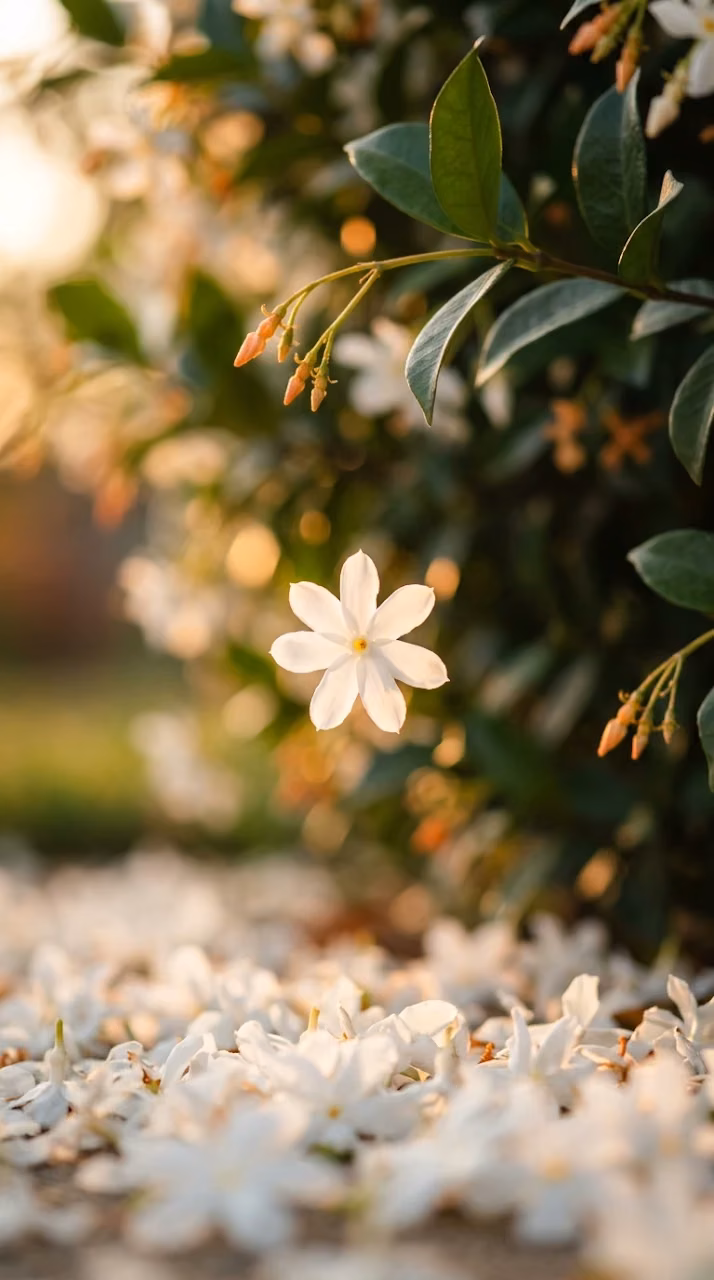Macro Shot of White Jasmine Flower Falling Over Mossy Ground - Free Mobile AMOLED Wallpaper Background