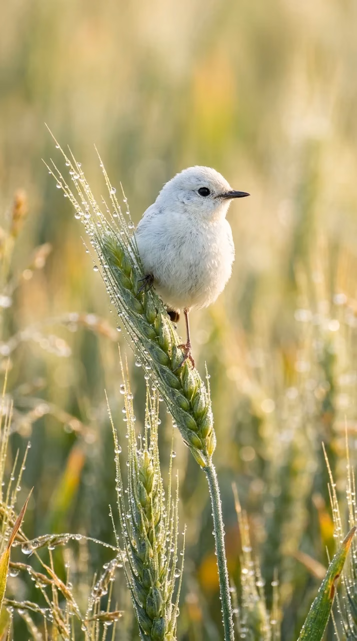 Download Macro Photo of a Small White Bird Perched on a Green Wheat Stalk with Dew Wallpaper in Mobile HD Macro Photo of a Small White Bird Perched on a Green Wheat Stalk with Dew - Free Mobile AMOLED Wallpaper Background