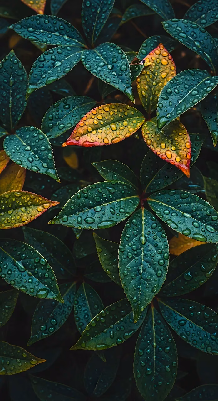 Macro View of Dark Green Leaves Covered in Raindrops - Free Mobile AMOLED Wallpaper Background