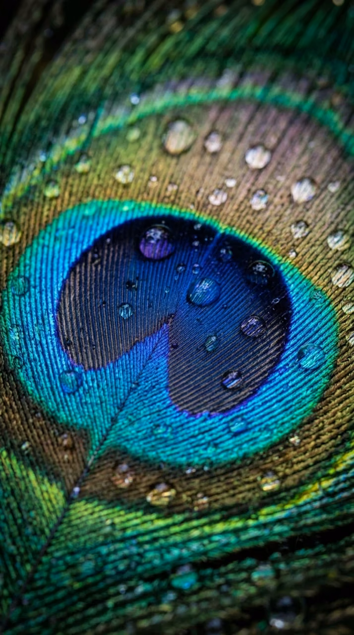 Download Macro View of a Peacock Feather with Shimmering Water Droplets Wallpaper in Mobile HD Macro View of a Peacock Feather with Shimmering Water Droplets - Free Mobile AMOLED Wallpaper Background