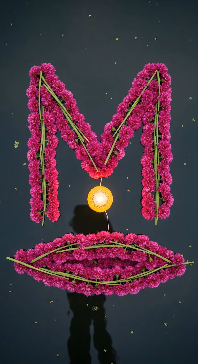 Magenta Flower Letter M and Glowing Diya on Dark Water - Free Mobile AMOLED Wallpaper Background