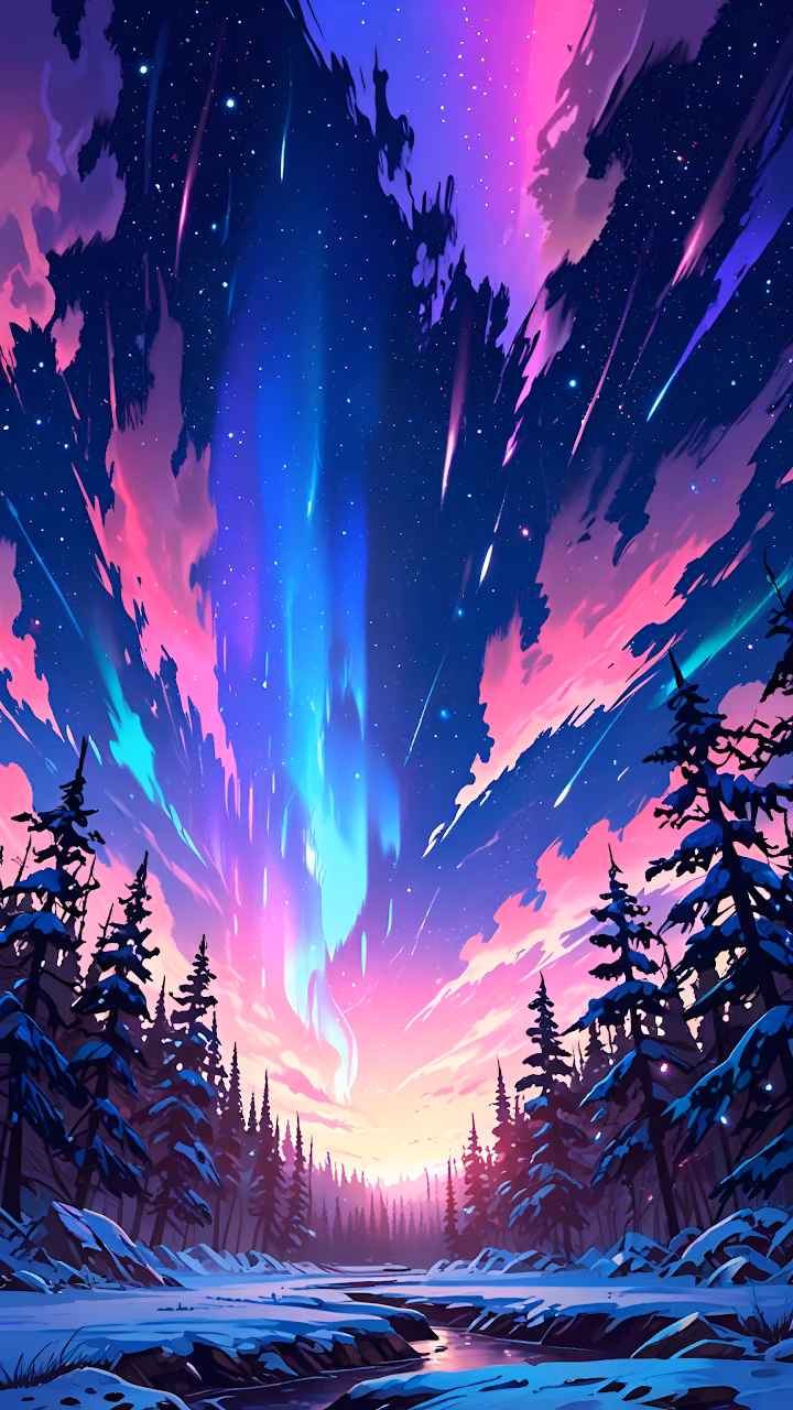 Download Magical Aurora Sky Over Snowy Forest at Twilight Wallpaper in Mobile HD Magical Aurora Sky Over Snowy Forest at Twilight - Free Mobile AMOLED Wallpaper Background