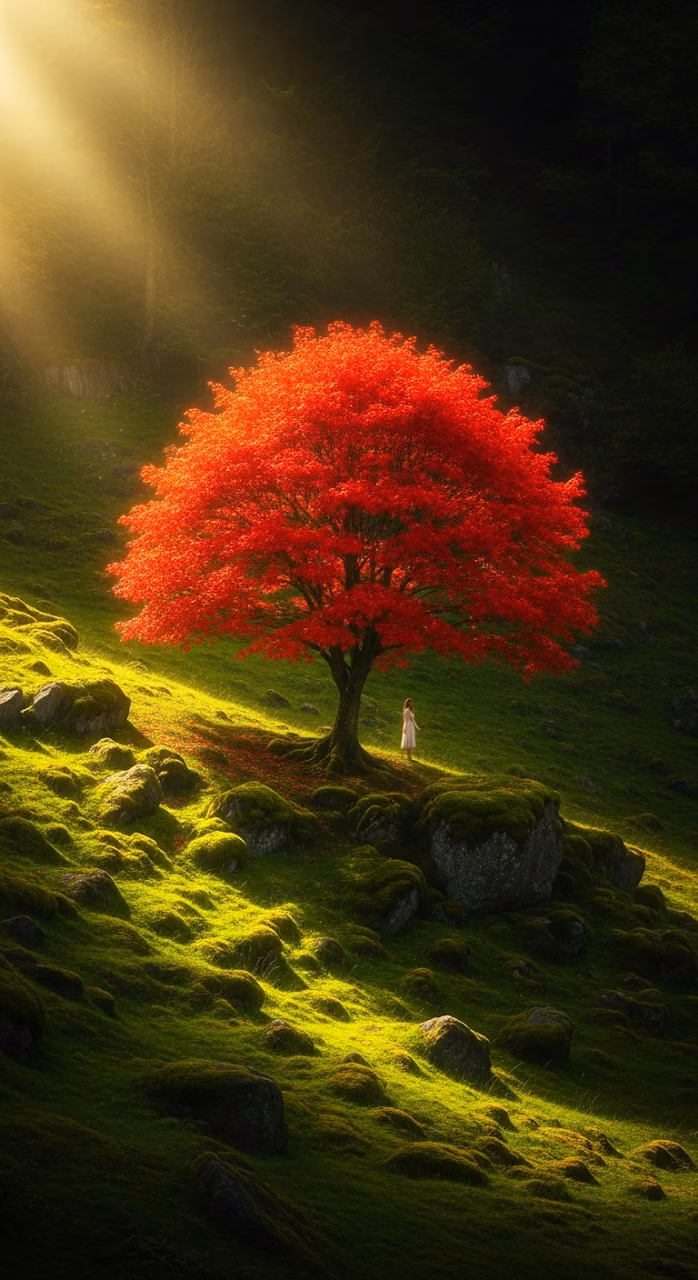 Download Magical Cinematic Landscape of a Solitary Red Tree on a Green Hillside Bathed in Golden Sunlight Wallpaper in Mobile HD Magical Cinematic Landscape of a Solitary Red Tree on a Green Hillside Bathed in Golden Sunlight - Free Mobile AMOLED Wallpaper Background