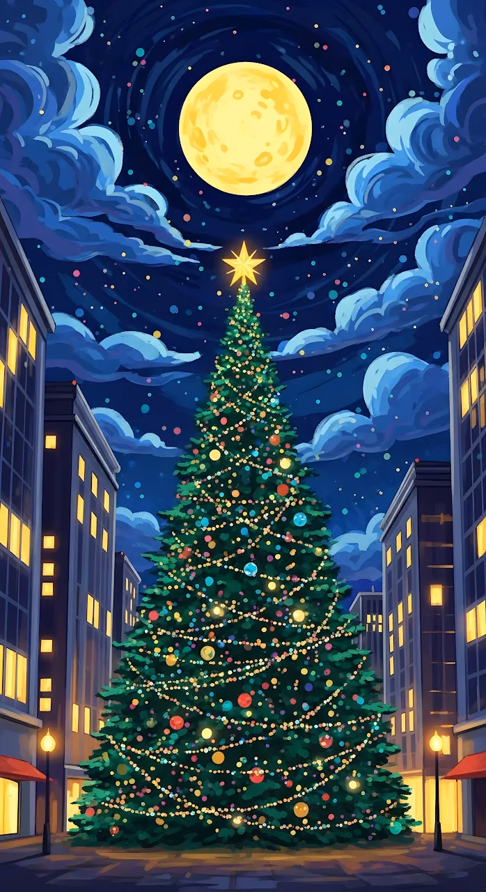 Magical City Christmas Tree Night Sky Full Moon Art - Free Mobile AMOLED Wallpaper Background