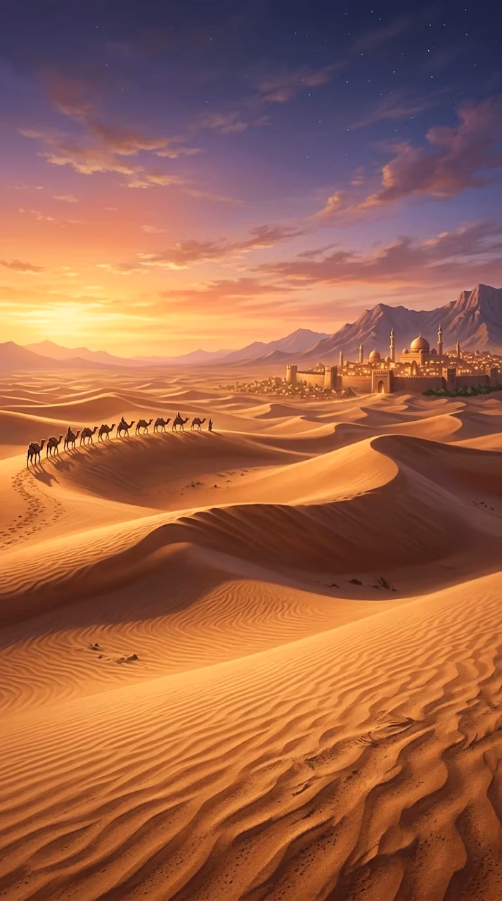 Magical Desert Landscape at Sunset with Golden Dunes and Camels - Free Mobile AMOLED Wallpaper Background