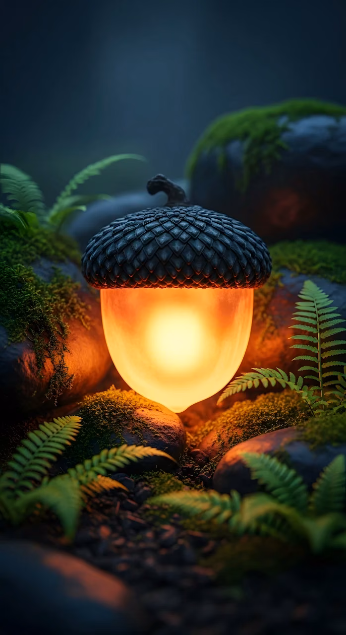Magical Glowing Acorn Lantern in Dark Mossy Forest Scene - Free Mobile AMOLED Wallpaper Background