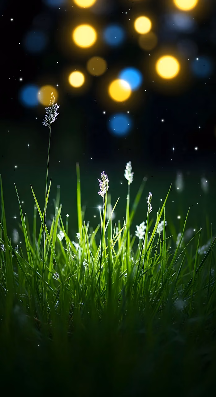 Magical Green Grass Field at Night with Glowing Bokeh Lights - Free Mobile AMOLED Wallpaper Background