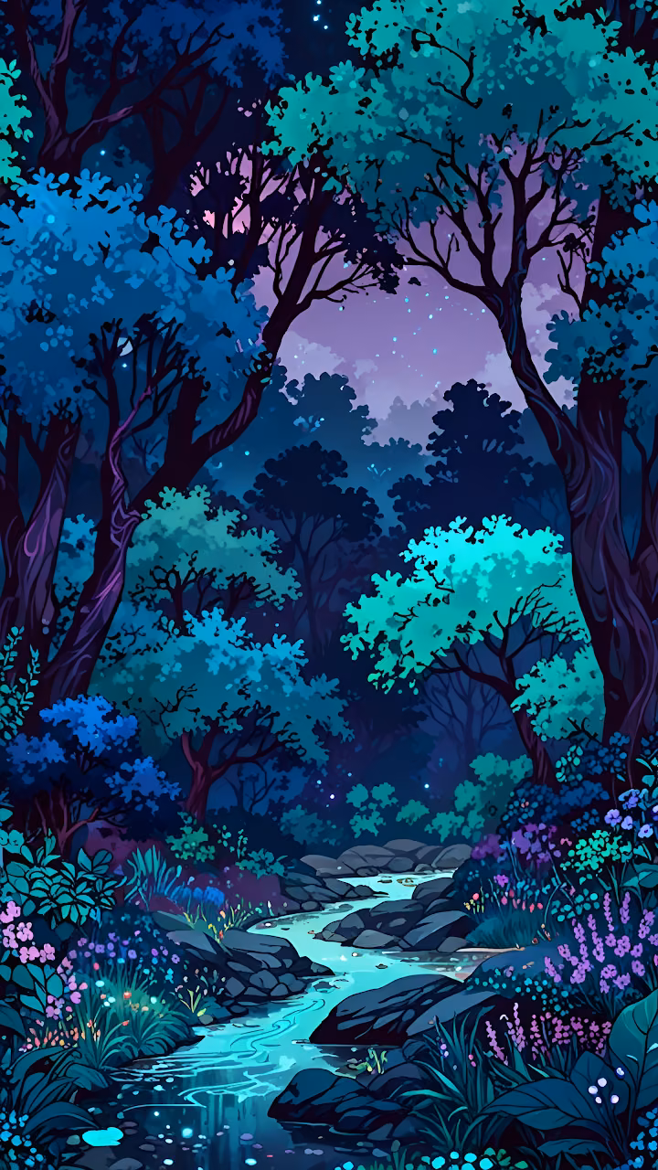 Magical Night Forest Stream Illustration with Glowing Water - Free Mobile AMOLED Wallpaper Background
