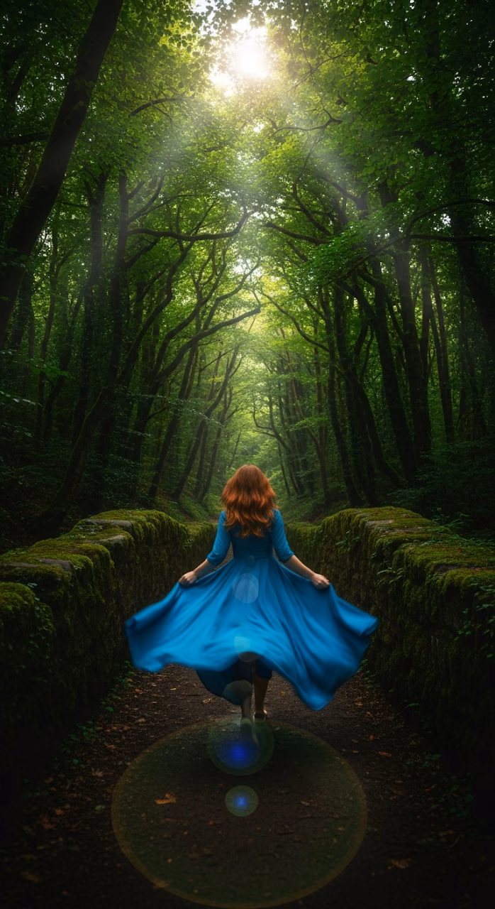 Download Magical Rear View of a Woman in a Flowing Blue Dress Running Across a Mossy Stone Forest Bridge Wallpaper in Mobile HD Magical Rear View of a Woman in a Flowing Blue Dress Running Across a Mossy Stone Forest Bridge - Free Mobile AMOLED Wallpaper Background