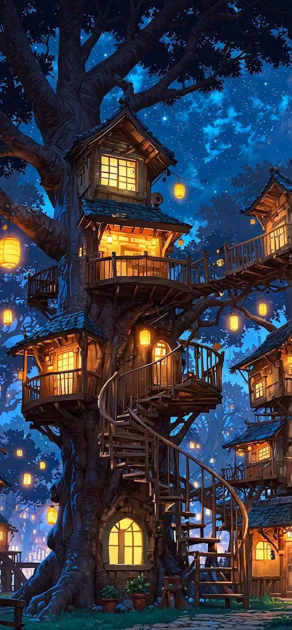 Magical Treehouse Village Under Starry Night Sky - Free Mobile AMOLED Wallpaper Background