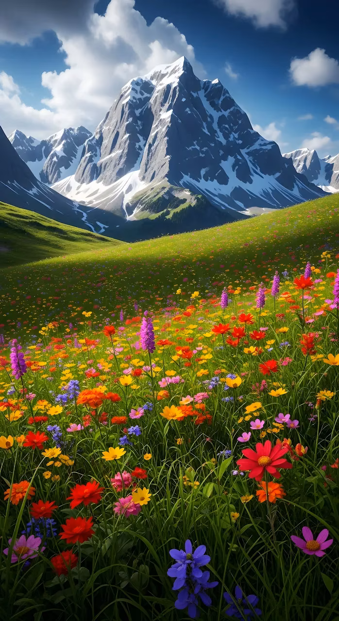 Majestic Alpine Meadow Snow Capped Mountains Wildflowers - Free Mobile AMOLED Wallpaper Background