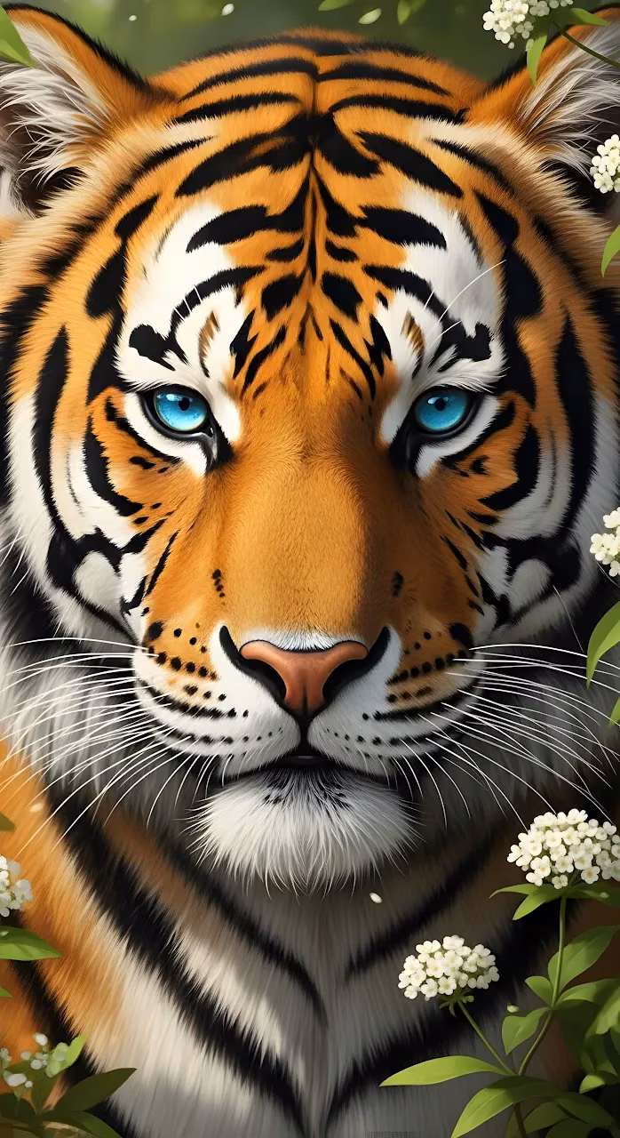 Download Majestic Bengal Tiger Portrait with Striking Blue Eyes Wallpaper in Mobile HD Majestic Bengal Tiger Portrait with Striking Blue Eyes - Free Mobile AMOLED Wallpaper Background
