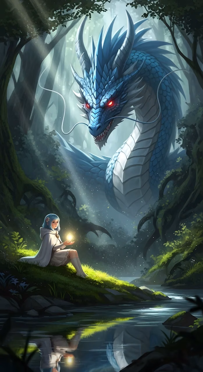Download Majestic Blue Dragon Encounter in Enchanted Forest Wallpaper in Mobile HD Majestic Blue Dragon Encounter in Enchanted Forest - Free Mobile AMOLED Wallpaper Background