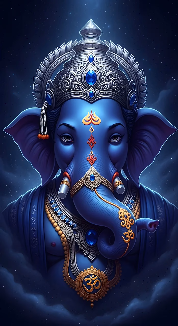 Majestic Blue Ganesha Deity in Cosmic Night Sky - Free Mobile AMOLED Wallpaper Background