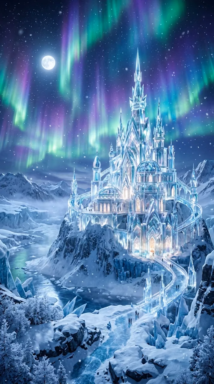 Majestic Crystalline Palace under Aurora Borealis in Arctic Landscape - Free Mobile AMOLED Wallpaper Background